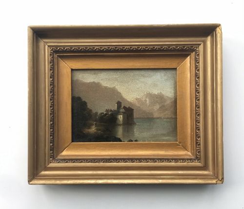 Original Framed Antique Oil Painting Lake Geneva and Chillon Castle Landscape