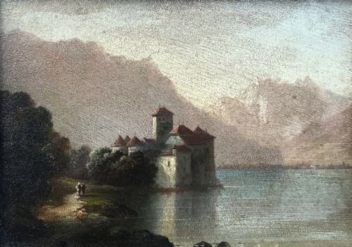fig 1. Original Framed Antique Oil Painting Lake Geneva and Chillon Castle Landscape