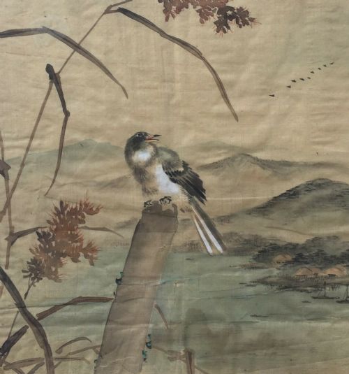 Birds & Flowers Original 19th Century Antique Oriental Painting on Silk, Bird in Landscape