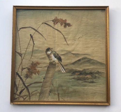 fig 1. Birds & Flowers Original 19th Century Antique Oriental Painting on Silk, Bird in Landscape