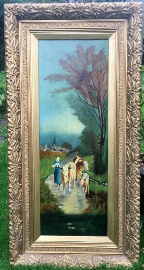 Large Decorative Frame & Original Antique Oil Painting Cattle Landscape