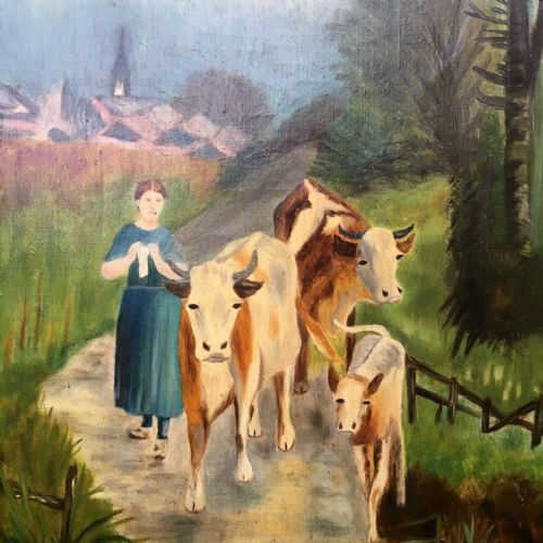 fig 1. Large Decorative Frame & Original Antique Oil Painting Cattle Landscape