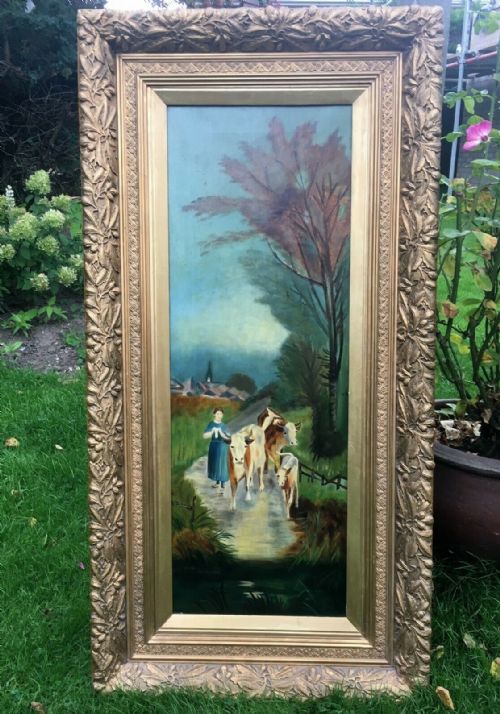 fig 2. Large Decorative Frame & Original Antique Oil Painting Cattle Landscape