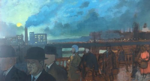 Henry James Neave British 1911-71 Commute, Crossing the Bridge, Oil Painting on Panel