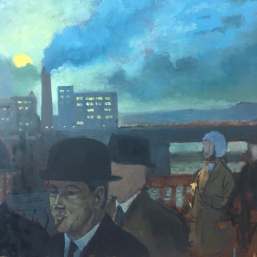 fig 1. Henry James Neave British 1911-71 Commute, Crossing the Bridge, Oil Painting on Panel