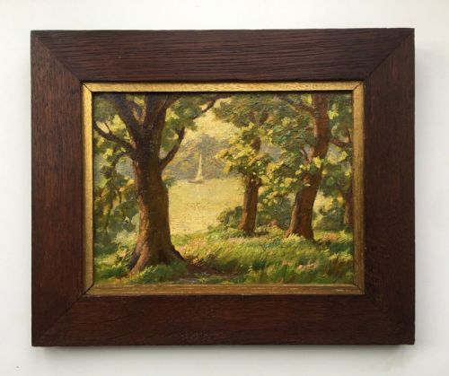 Hubert Lindsay Wellington Initialled Original English 20th Century Oil Painting on Board Trees Lakeside & Boat Landscape