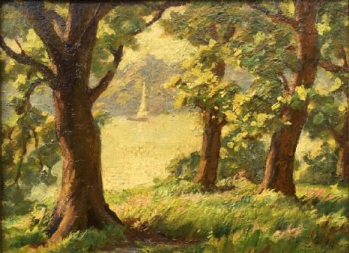 fig 1. Hubert Lindsay Wellington Initialled Original English 20th Century Oil Painting on Board Trees Lakeside & Boat Landscape