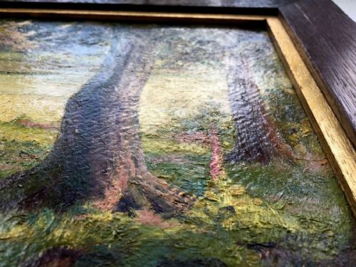 fig 1. Hubert Lindsay Wellington Initialled Original English 20th Century Oil Painting on Board Trees Lakeside Landscape