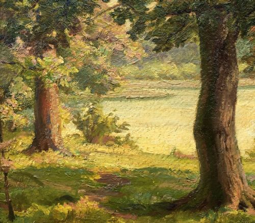 fig 2. Hubert Lindsay Wellington Initialled Original English 20th Century Oil Painting on Board Trees Lakeside Landscape