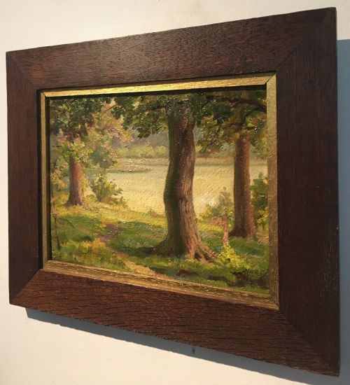 fig 3. Hubert Lindsay Wellington Initialled Original English 20th Century Oil Painting on Board Trees Lakeside Landscape