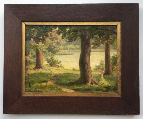 Hubert Lindsay Wellington Initialled Original English 20th Century Oil Painting on Board Trees Lakeside Landscape