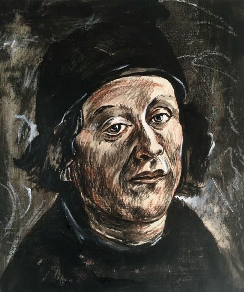 fig 1. Rowland Suddaby 1912-72 Mid 20th Century Portrait of a Renaissance Bishop Original Watercolour & Pastel Mixed Media Painting