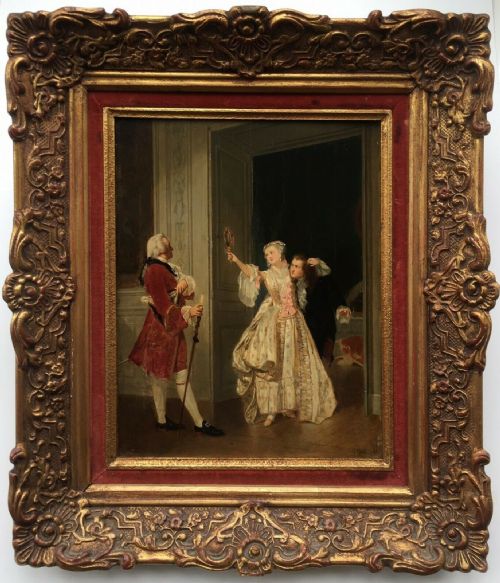 Charles Désiré Hue Original Signed 19th Century Antique Oil Painting on Wooden Panel French Courting Couple in Decorative Frame