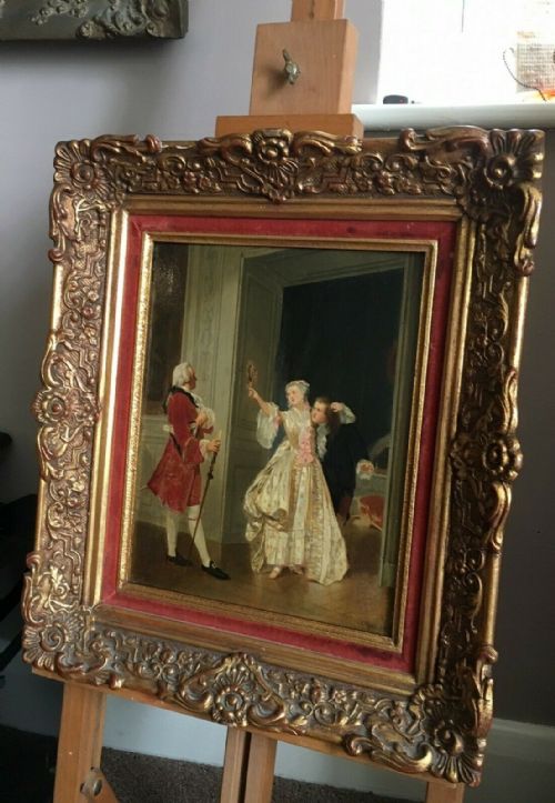 fig 1. Charles Désiré Hue Original Signed 19th Century Antique Oil Painting on Wooden Panel French Courting Couple in Decorative Frame