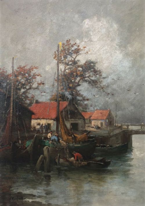 A (Adolf) Kaufman 1848–1916 Original Antique Oil Painting on Board Boats Unloading River Landscape