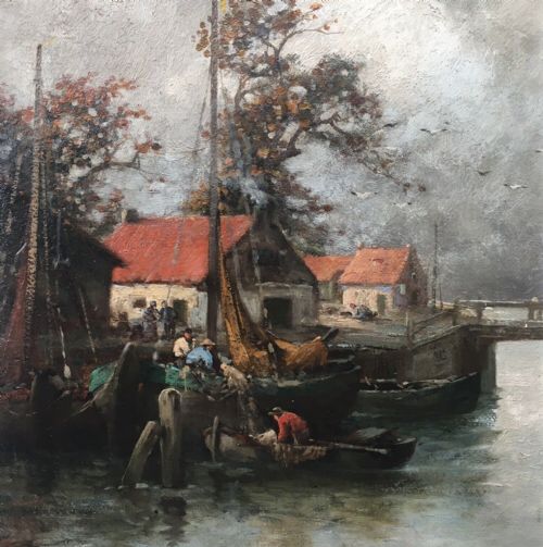 fig 1. A (Adolf) Kaufman 1848–1916 Original Antique Oil Painting on Board Boats Unloading River Landscape