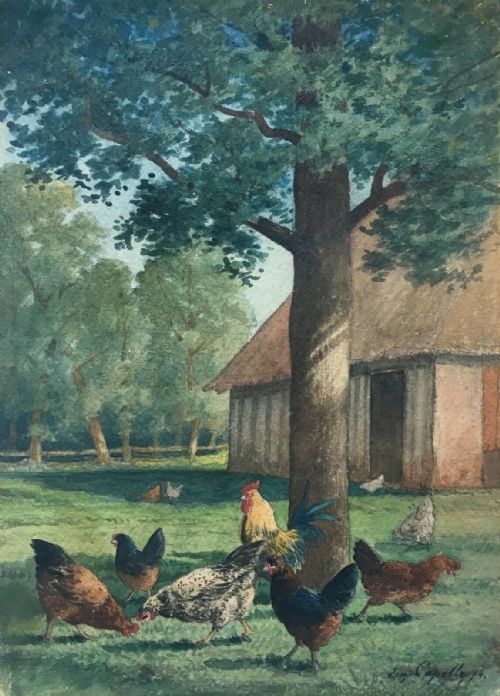 Alfred Eugene Capelle Dated 1874 Signed Original Antique Watercolour Painting Hens & Barn Farm Lamdscape