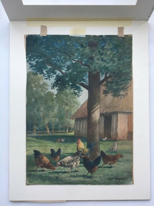fig 1. Alfred Eugene Capelle Dated 1874 Signed Original Antique Watercolour Painting Hens & Barn Farm Lamdscape