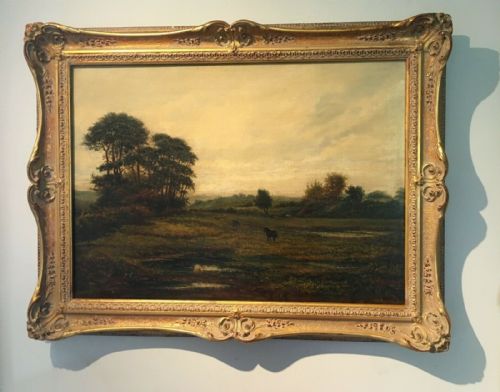 Signed Indistinctly Original Antique English Oil Painting on Canvas Cattle & Horses Pastoral Landscape