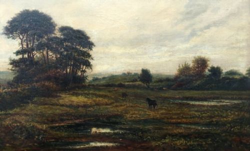 fig 1. Signed Indistinctly Original Antique English Oil Painting on Canvas Cattle & Horses Pastoral Landscape