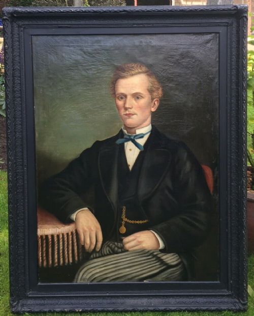 Large Vintage English School Oil Painting Seated Gentleman Solid Wooden Frame