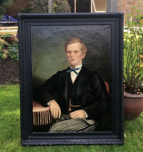 fig 1. Large Vintage English School Oil Painting Seated Gentleman Solid Wooden Frame