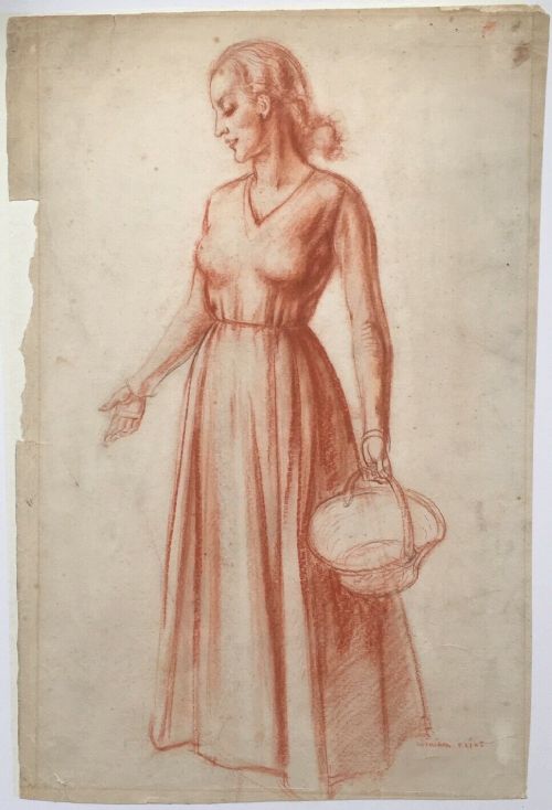 Manner of Sir William Russell Flint Original Signed Red Pastel Portrait of Lady