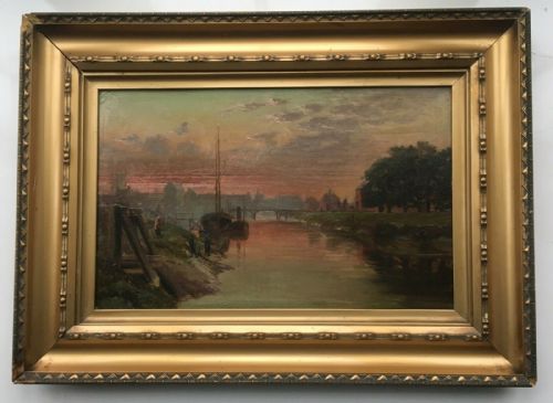 Antique Original Oil Painting on Panel River Bridge Landscape with Boats