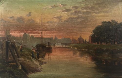 fig 1. Antique Original Oil Painting on Panel River Bridge Landscape with Boats
