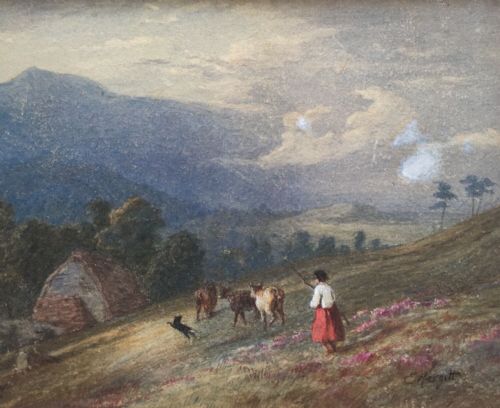 Edward Hargitt Signed Original 19th Century Antique Scottish Watercolour Painting Herding Cattle Upland Scene