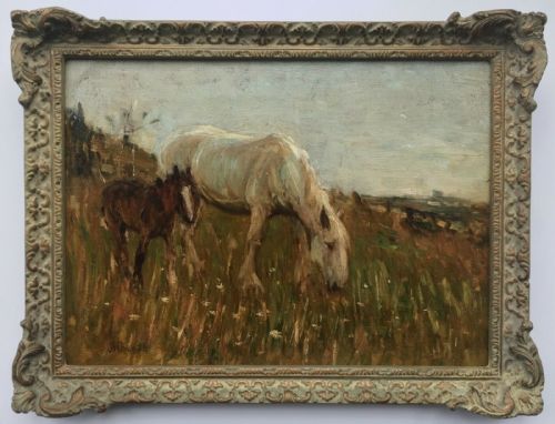 James William Booth (Staithes Group) English Antique Horse & Foal Study Original Oil Painting