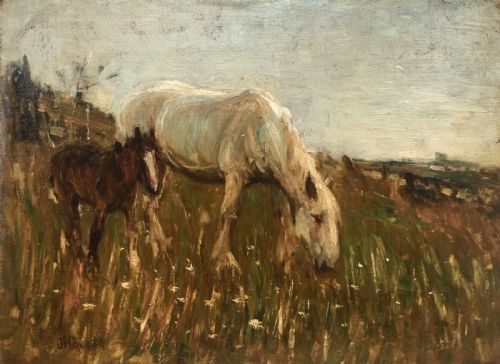 fig 1. JAMES WILLIAM BOOTH (Staithes Group) English Antique Horse & Foal Study Original Oil Painting