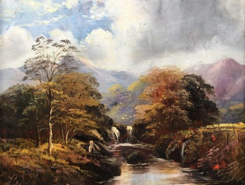 fig 1. Scottish School Signed Original Antique Oil Painting on Wood Panel Fisherman by River Highlands Landscape