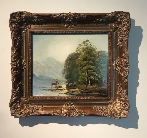 Scottish School Original Antique Oil Painting on Board Highland Landscape View with Stag & Loch