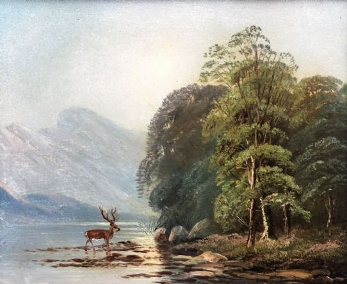 fig 1. Scottish School Original Antique Oil Painting on Board Highland Landscape View with Stag & Loch