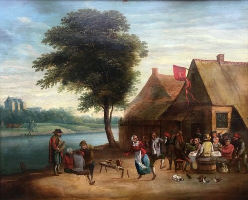 Signed D T Manner of David Teniers Younger Antique Oil Painting on Wood Flemish Tavern Landscape