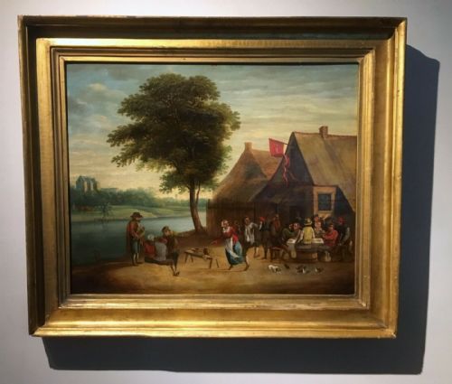 fig 1. Signed D T Manner of David Teniers Younger Antique Oil Painting on Wood Flemish Tavern Landscape