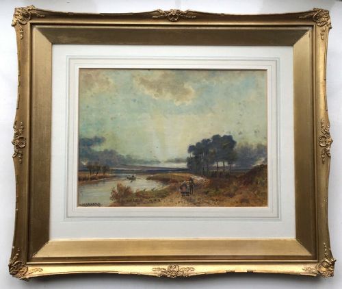William Manners Signed Original English Antique Watercolour Painting Sundown River Landscape