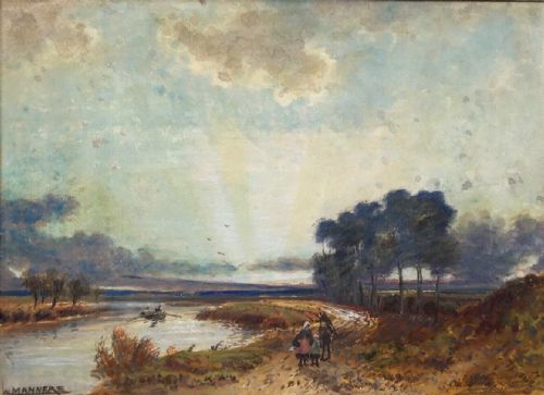 fig 1. William Manners Signed Original English Antique Watercolour Painting Sundown River Landscape