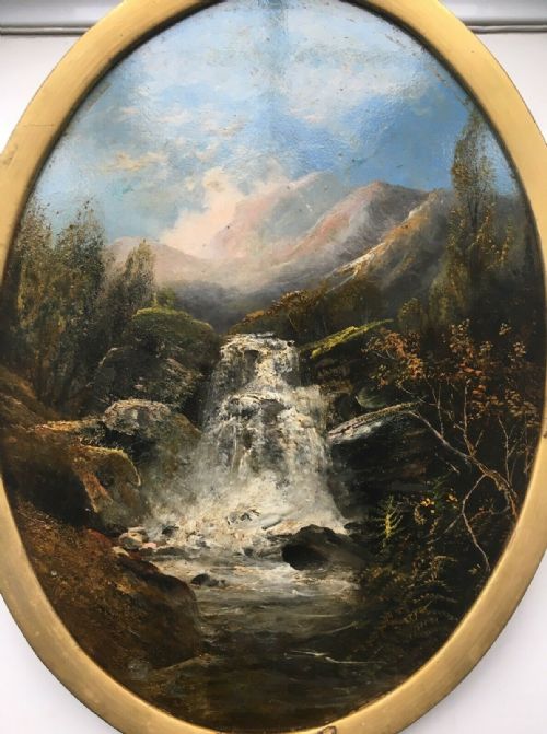 A FOSTER 19TH CENTURY ANTIQUE ORIGINAL OVAL OIL PAINTING ON BOARD WATERFALL MOUNTAIN LANDSCAPE - ADDITIONAL PHOTO 5