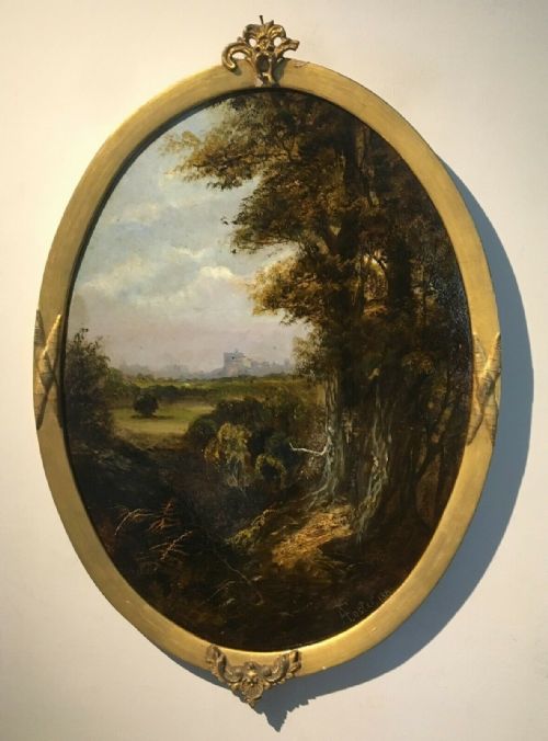 A Foster 1885 Signed Original 19th Century English Antique Oval Oil Painting on Board Windsor Castle Landscape