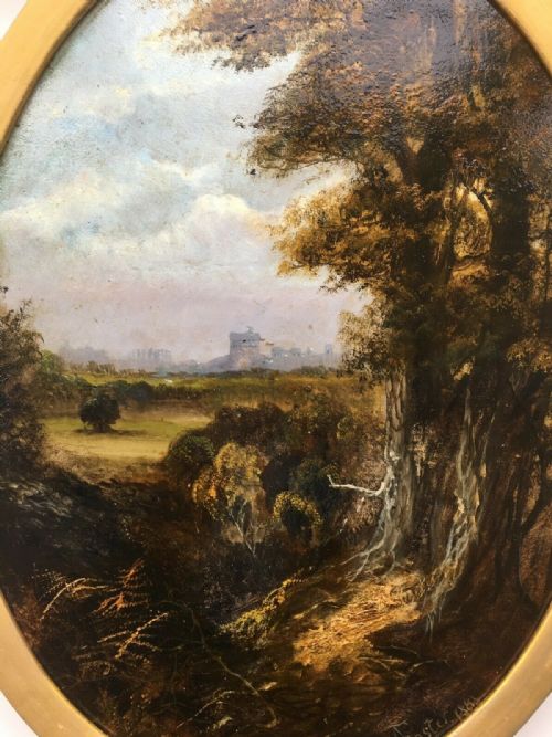 fig 1. A Foster 1885 Signed Original 19th Century English Antique Oval Oil Painting on Board Windsor Castle Landscape