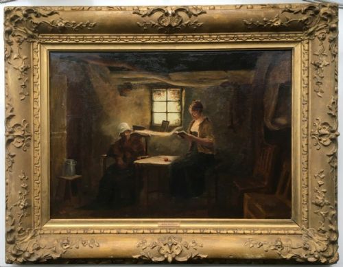 John Wallace Signed Original 19th Century Antique Decorative Framed Oil Painting, Titled "An Interesting Stay"