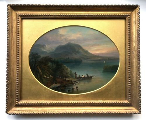Original 19th Century Antique Oil Painting on Board Mountain & Lake Landscape