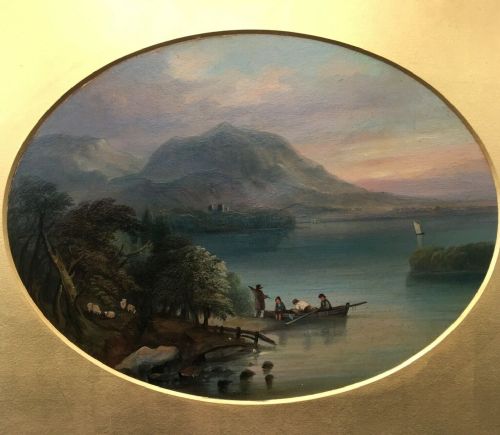 fig 1. Original 19th Century Antique Oil Painting on Board Mountain & Lake Landscape