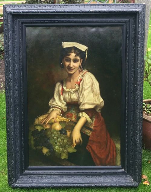 Large Framed Continental School Oil Painting on Canvas, Young Girl with Fruit