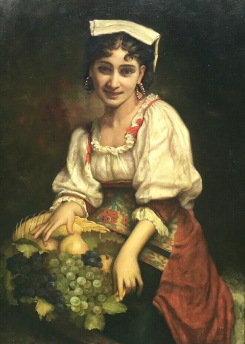fig 1. Large Framed Continental School Oil Painting on Canvas, Young Girl with Fruit