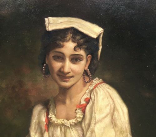 fig 2. Large Framed Continental School Oil Painting on Canvas, Young Girl with Fruit