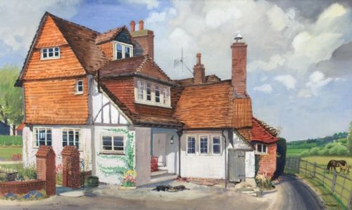 Henry James Neave Signed & Dated 1962 Original English Watercolour Painting  Cottage & Horses Landscape