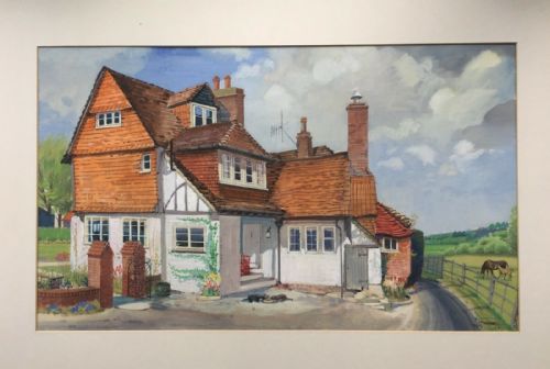 fig 1. Henry James Neave Signed & Dated 1962 Original English Watercolour Painting Cottage & Horses Landscape